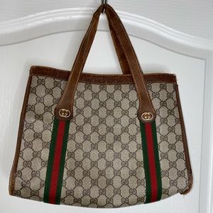 Gucci Brown Monogram Canvas Tote with Green-Red Web Stripe